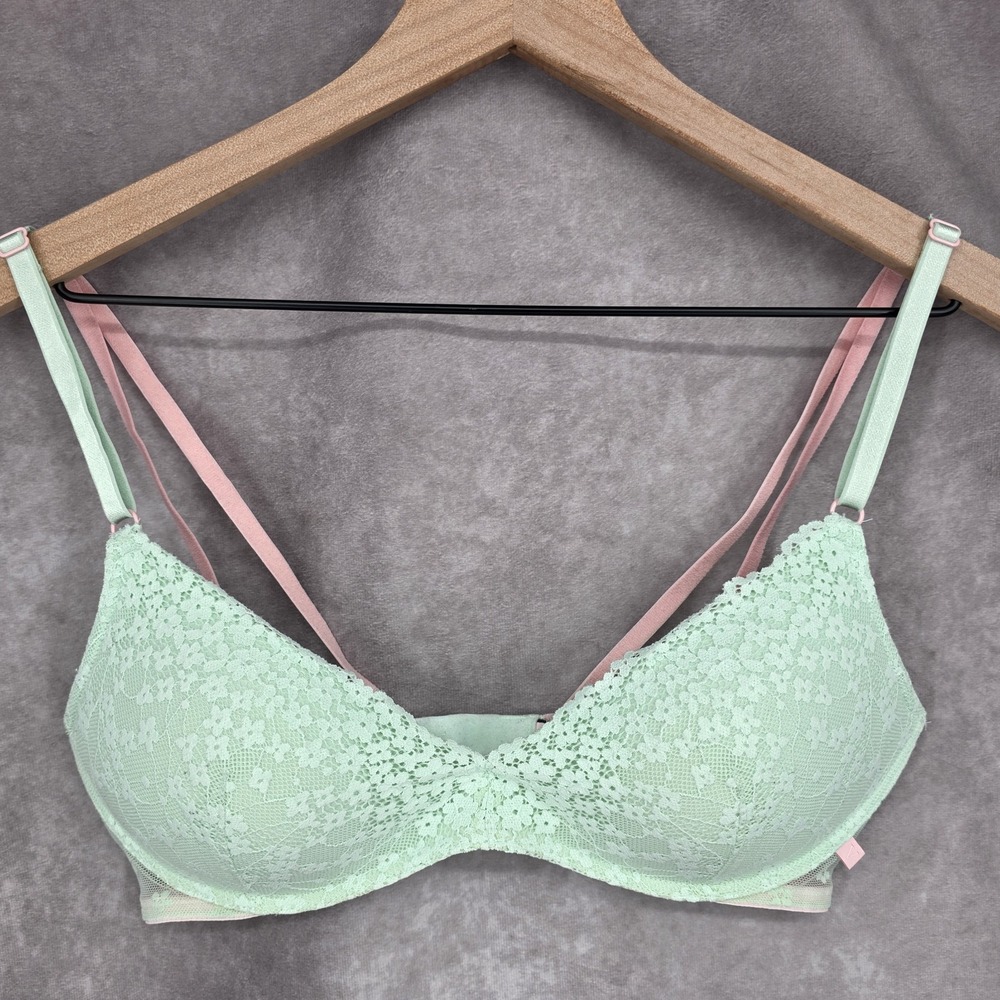 Victoria's Secret Padded No Wire Wireless Bra 36B Lace Mint Green Pink
